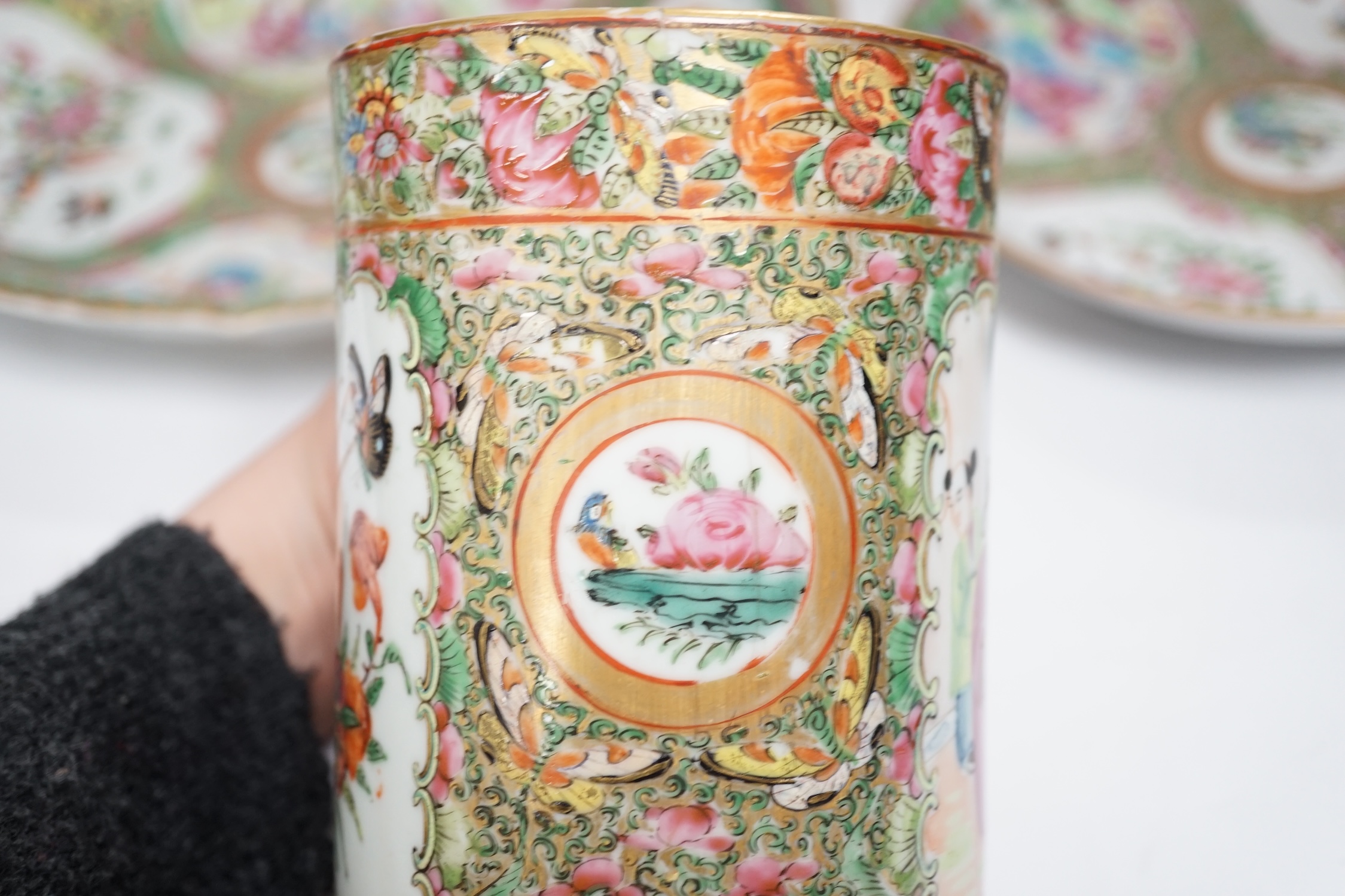 A group of Chinese famille rose dessert plates and dishes, and a mug, all Daoguang period (1821-50), mug